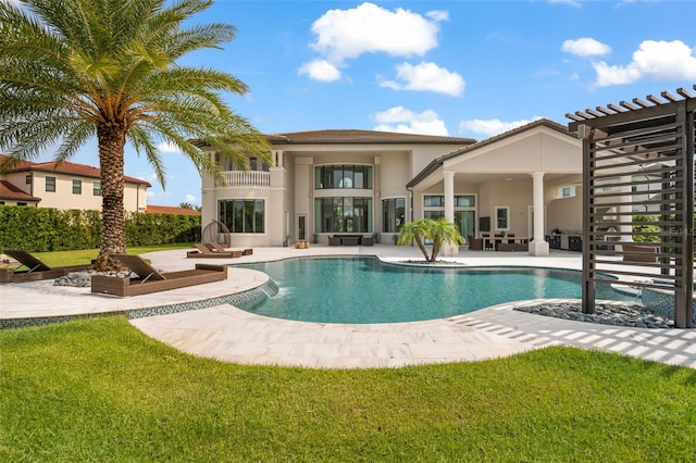 view of swimming pool featuring an outdoor living space, a patio area, a yard, and a pergola