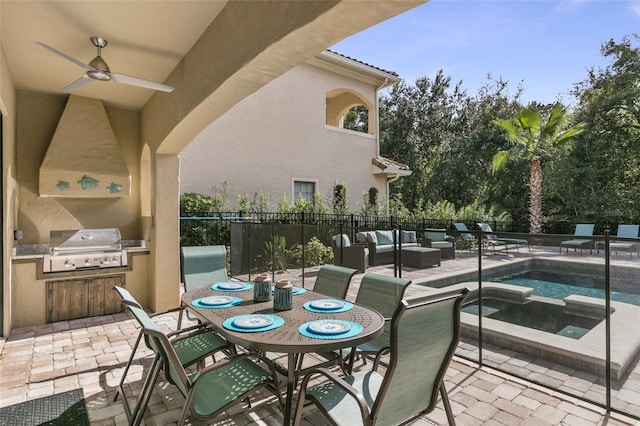 view of terrace featuring area for grilling, ceiling fan, and a fenced in pool