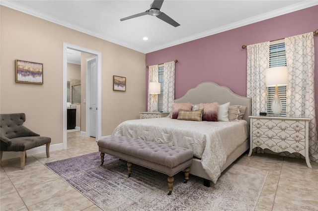 tiled bedroom with crown molding, ensuite bathroom, and ceiling fan