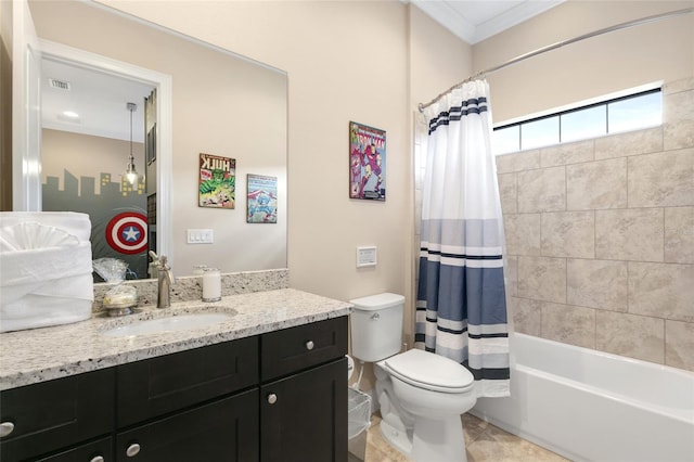 full bathroom featuring toilet, tile floors, crown molding, shower / tub combo, and vanity