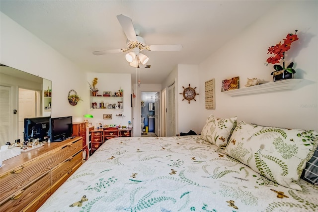 bedroom with ceiling fan and a closet