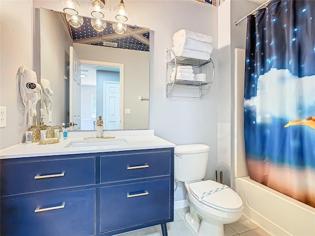 full bathroom with toilet, shower / tub combo, vanity, and tile patterned floors