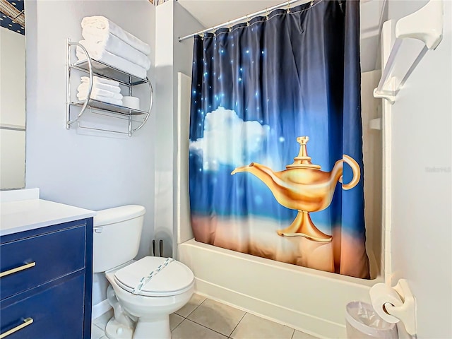 full bathroom with tile patterned flooring, vanity, toilet, and shower / bath combo with shower curtain