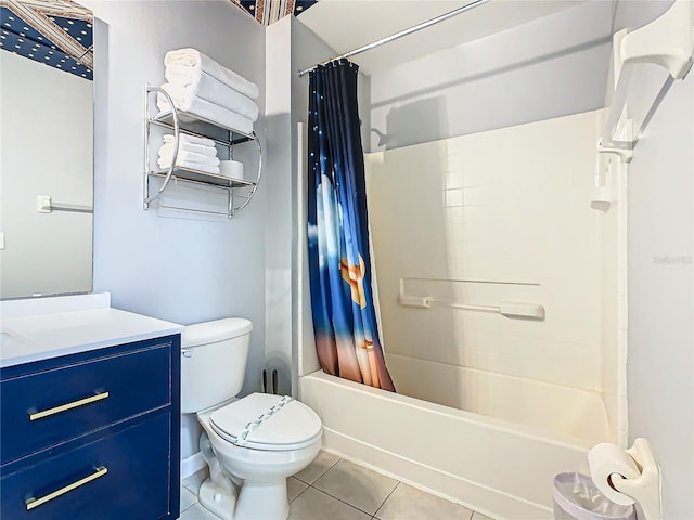 full bathroom featuring tile patterned floors, shower / tub combo with curtain, vanity, and toilet