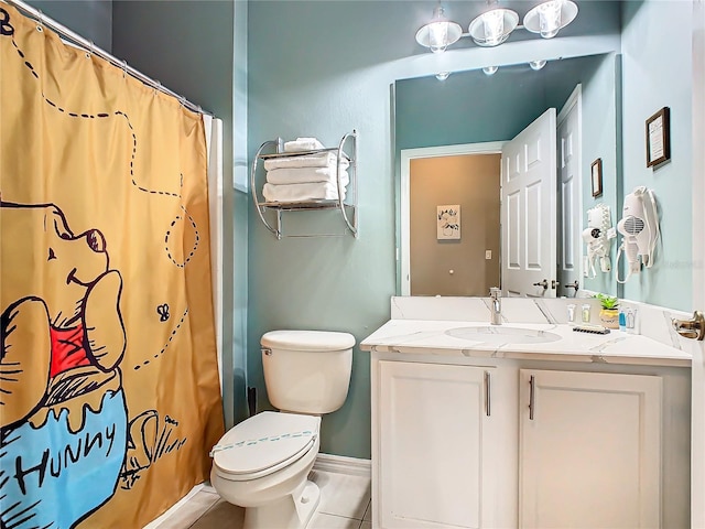 bathroom featuring tile patterned floors, vanity, toilet, and a shower with shower curtain