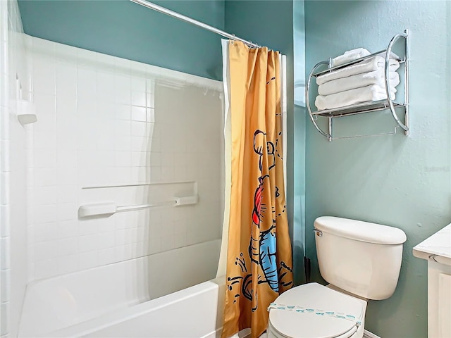 bathroom with shower / bath combination with curtain and toilet