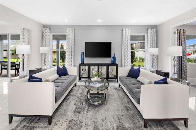 living room with tile flooring