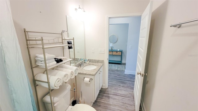 bathroom with hardwood / wood-style flooring and vanity with extensive cabinet space