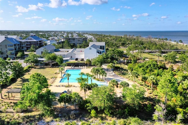 drone / aerial view with a water view