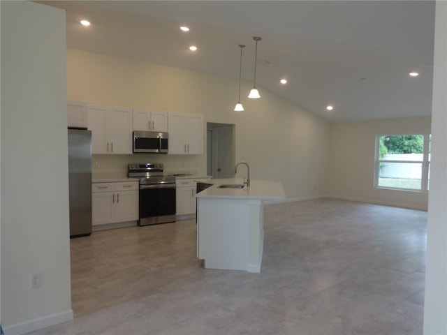 kitchen featuring hanging light fixtures, high vaulted ceiling, sink, white cabinetry, and appliances with stainless steel finishes