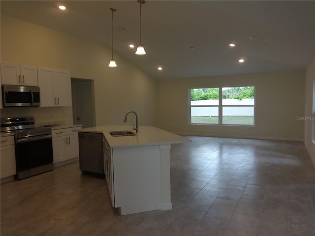 kitchen with dishwasher, a center island with sink, range with electric stovetop, white cabinetry, and sink