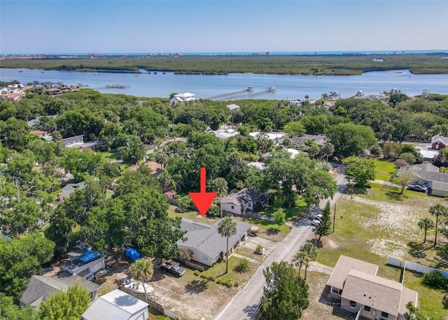 bird's eye view with a water view