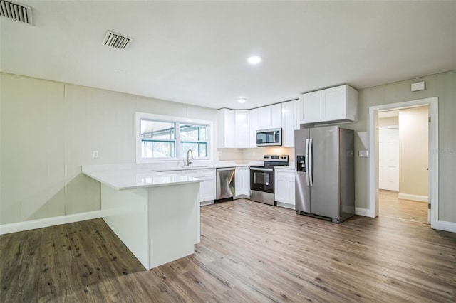 kitchen with kitchen peninsula, light wood-type flooring, stainless steel appliances, sink, and white cabinetry