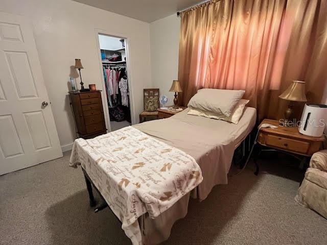 bedroom featuring a spacious closet, a closet, and light colored carpet