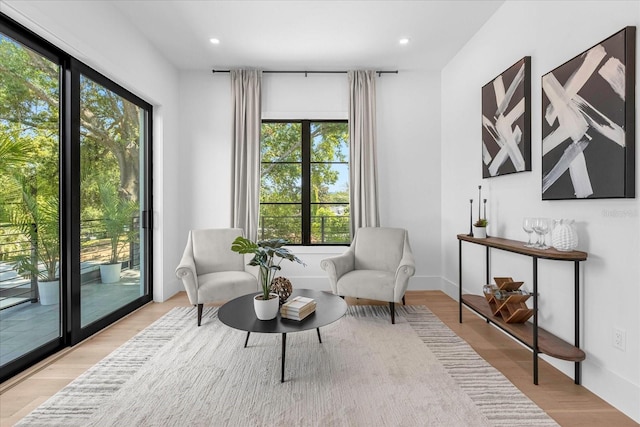 living area with plenty of natural light and light wood-type flooring