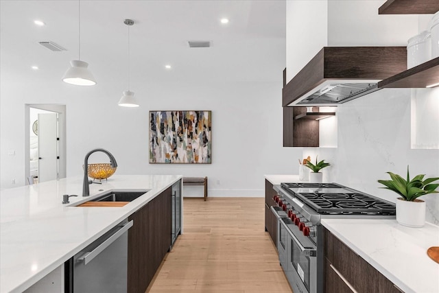 kitchen featuring light hardwood / wood-style flooring, hanging light fixtures, sink, ventilation hood, and appliances with stainless steel finishes