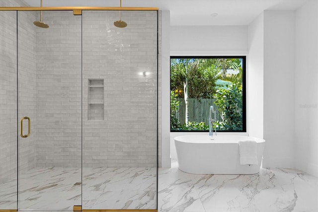 bathroom featuring tile flooring and independent shower and bath