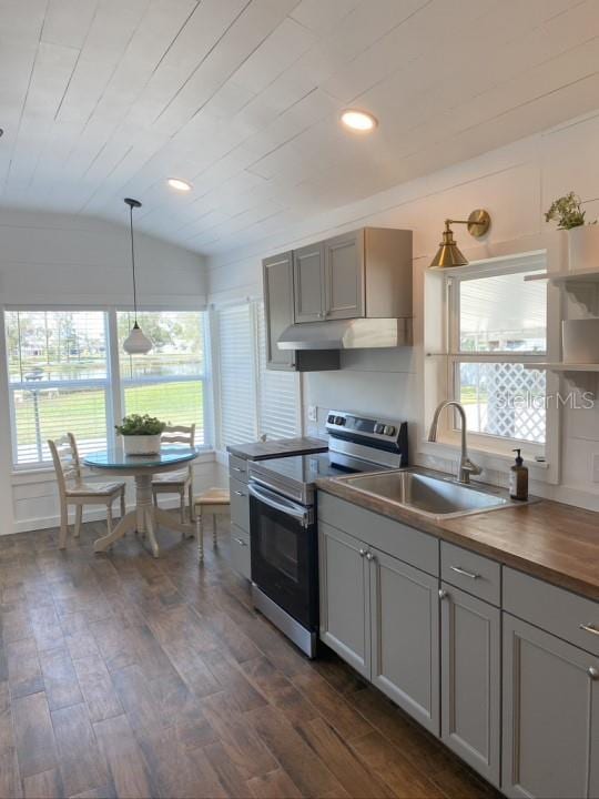 kitchen with a healthy amount of sunlight, dark hardwood / wood-style floors, electric range, and lofted ceiling