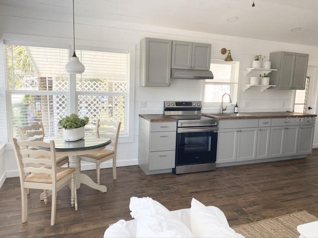 kitchen with a healthy amount of sunlight, sink, dark hardwood / wood-style flooring, and stainless steel range with electric cooktop