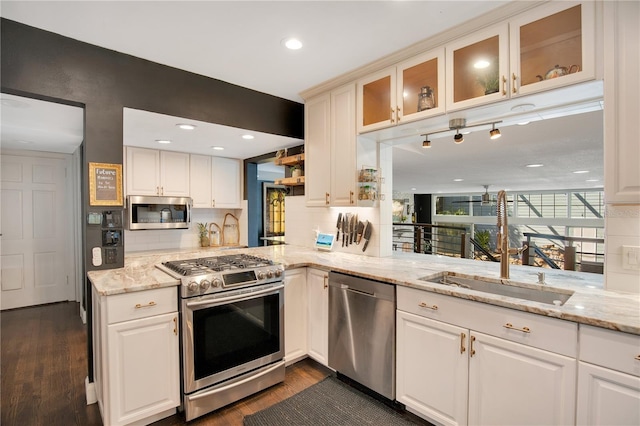 kitchen featuring tasteful backsplash, glass insert cabinets, light stone counters, appliances with stainless steel finishes, and dark wood-style flooring