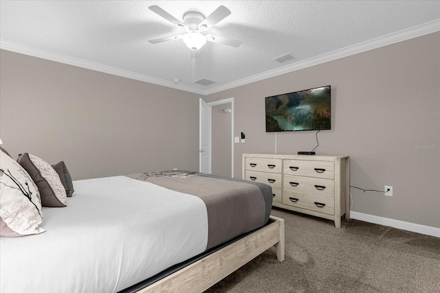 bedroom featuring ornamental molding, ceiling fan, and carpet flooring