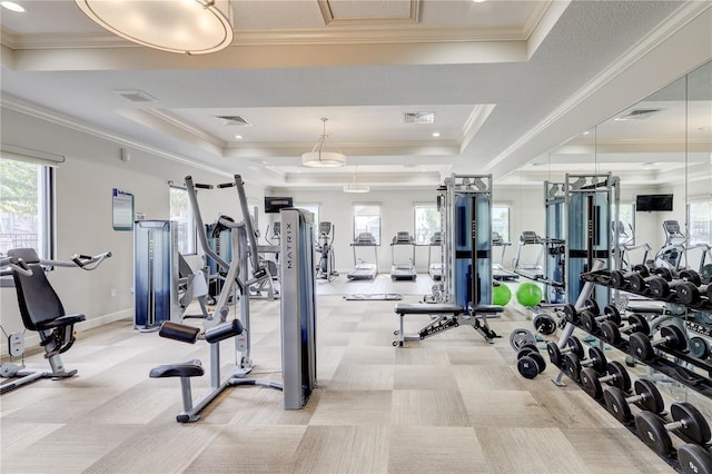 exercise room featuring light carpet, a raised ceiling, and crown molding