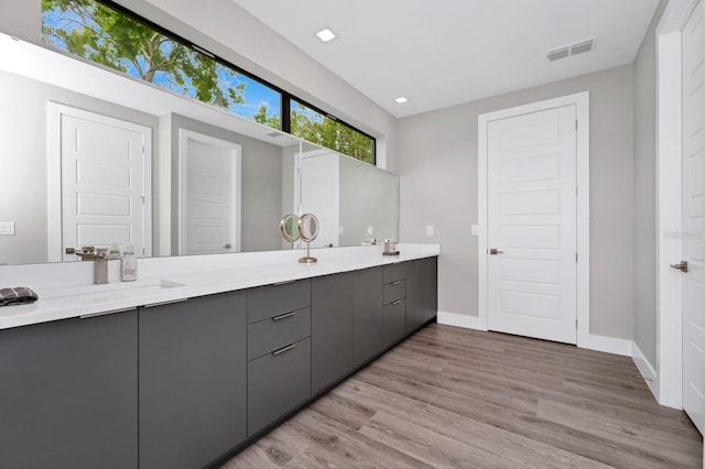 bathroom with dual bowl vanity and wood-type flooring