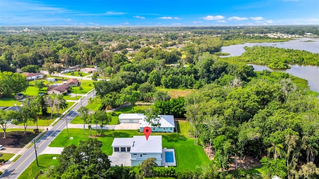 birds eye view of property featuring a water view