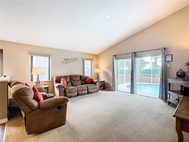 carpeted living room featuring vaulted ceiling and a textured ceiling