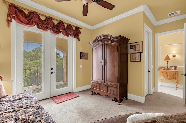 carpeted bedroom with ceiling fan, access to exterior, ornamental molding, and multiple windows