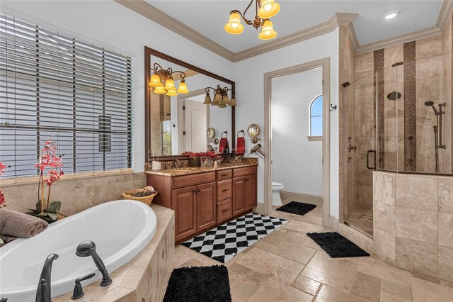 full bathroom with vanity, crown molding, plus walk in shower, and an inviting chandelier