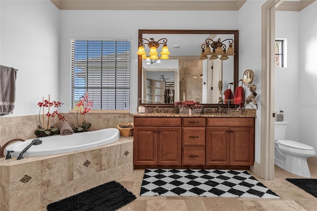 full bathroom featuring crown molding, toilet, vanity, and a notable chandelier