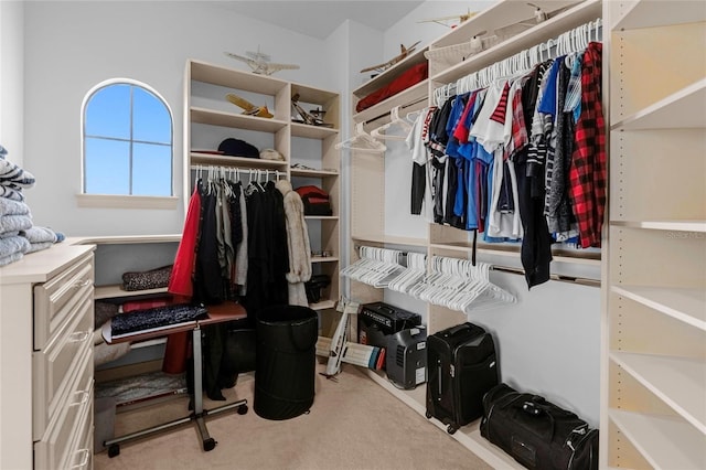 walk in closet featuring light colored carpet