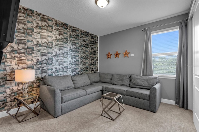 carpeted living room featuring a textured ceiling