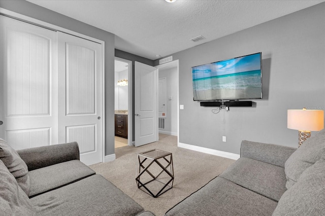 carpeted living room with a textured ceiling