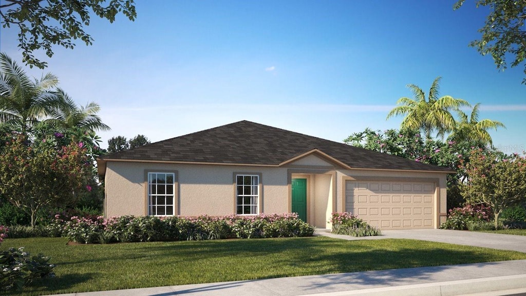 ranch-style home featuring a garage and a front lawn