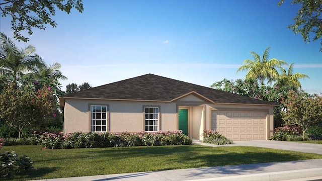 ranch-style home featuring a garage and a front lawn