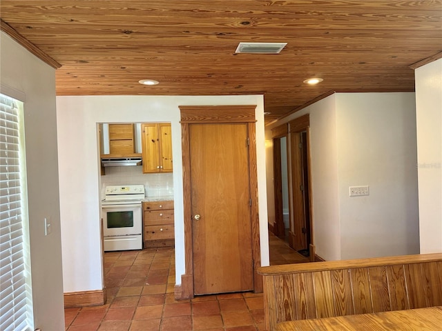 kitchen featuring tile flooring, white electric range, backsplash, extractor fan, and wood ceiling