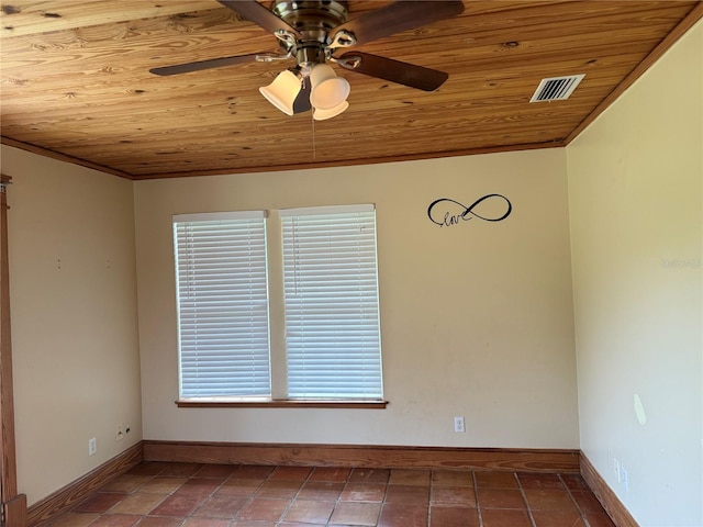 empty room featuring wooden ceiling, ceiling fan, and dark tile floors