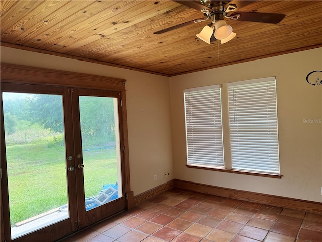 spare room with ceiling fan, french doors, wood ceiling, and light tile floors