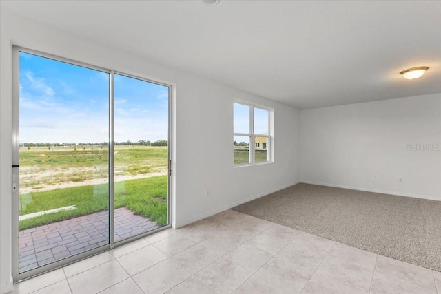 empty room featuring a healthy amount of sunlight, a rural view, and light colored carpet