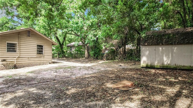 view of yard with a storage shed