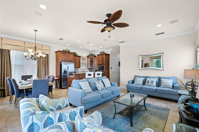 living room with ornamental molding, light tile floors, and ceiling fan with notable chandelier