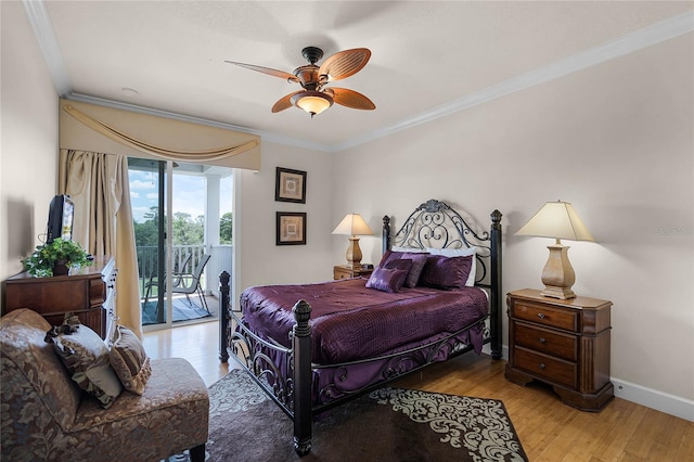 bedroom featuring ceiling fan, hardwood / wood-style flooring, access to outside, and ornamental molding