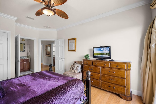 bedroom featuring ensuite bath, ceiling fan, light wood-type flooring, and crown molding