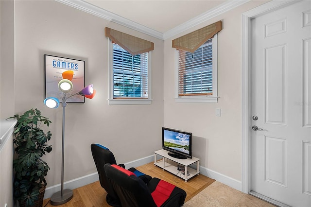 home office featuring crown molding and wood-type flooring