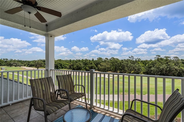 balcony featuring ceiling fan