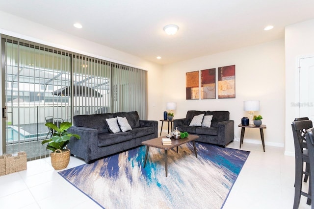 living room with tile flooring