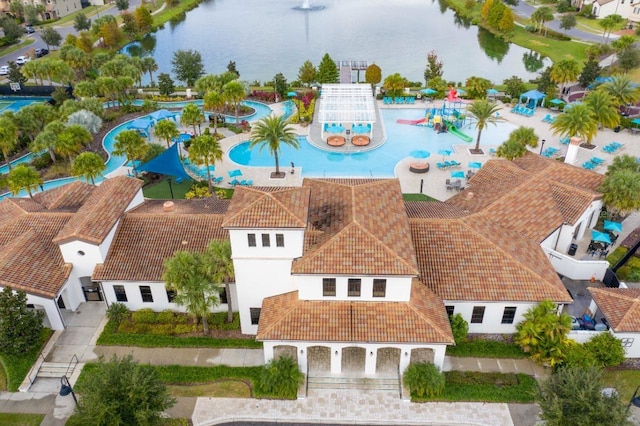 aerial view featuring a water view