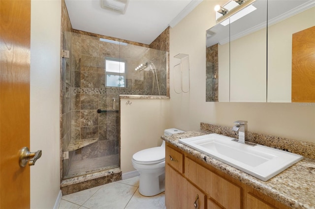 bathroom with a shower with door, toilet, tile patterned flooring, vanity, and crown molding